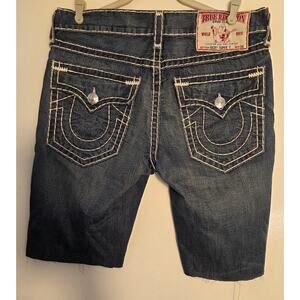True Religion Men's Ricky Super T Cut Off Jean Shorts 34x12 Big Stitch Raw Edge